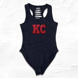 Black Red Womens Kansas City Bodysuit, Handmade Glitter KC Bodysuit, Gameday